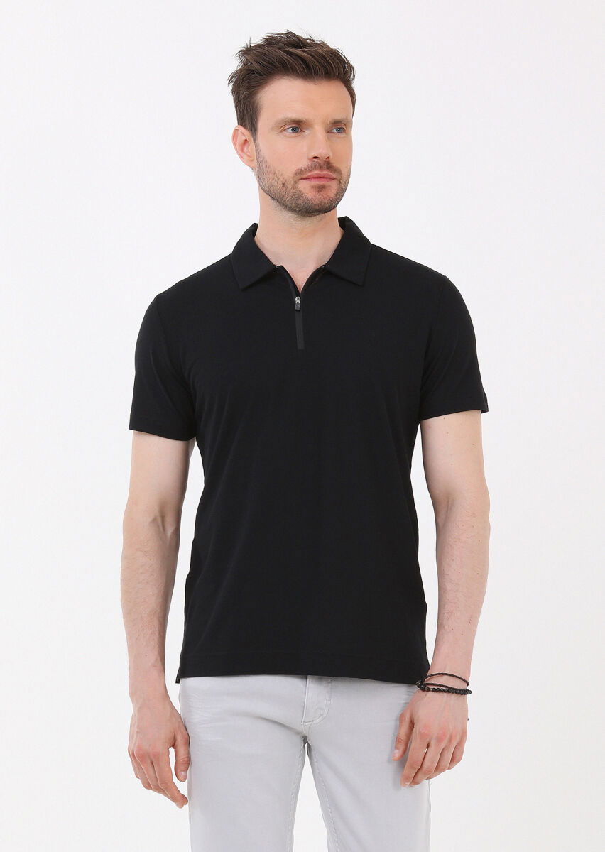 Siyah Düz Polo Yaka %100 Pamuk T-Shirt - 3