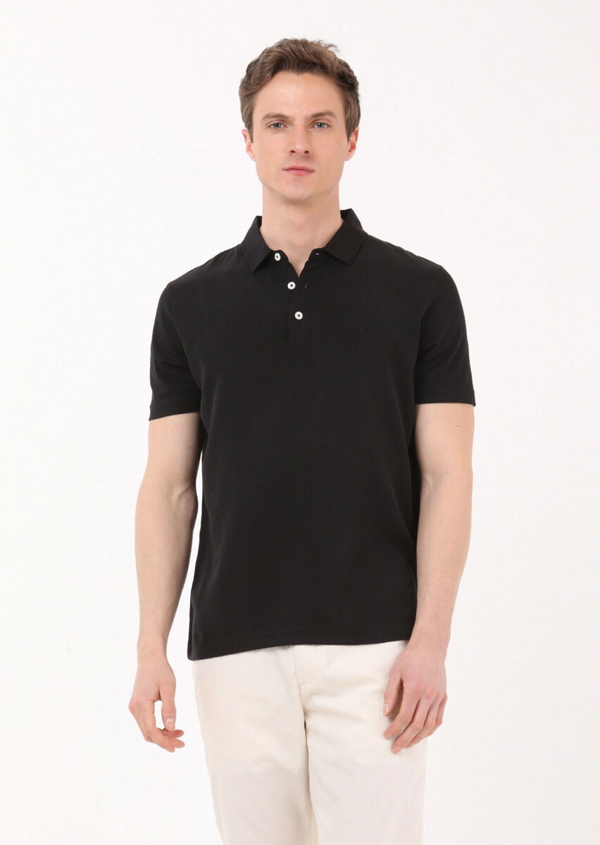 Siyah Düz Polo Yaka %100 Pamuk T-Shirt - 1