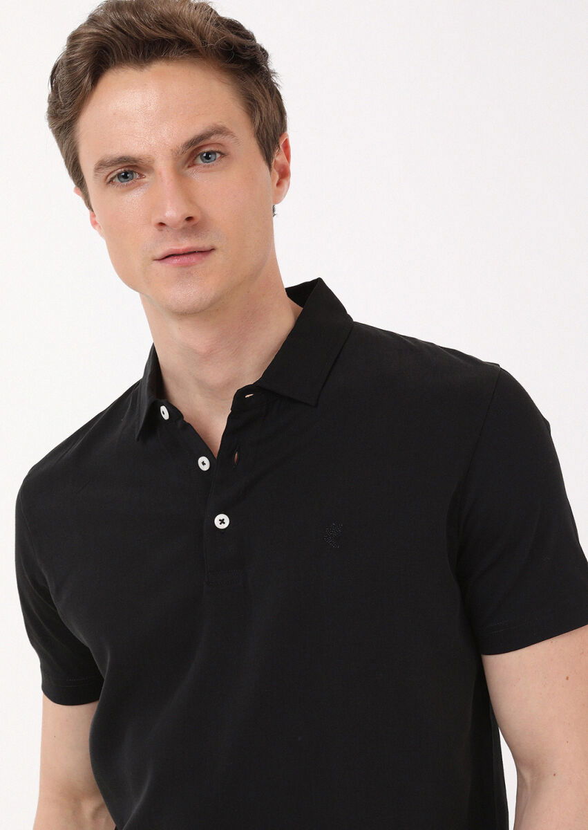 Siyah Düz Polo Yaka %100 Pamuk T-Shirt - 2