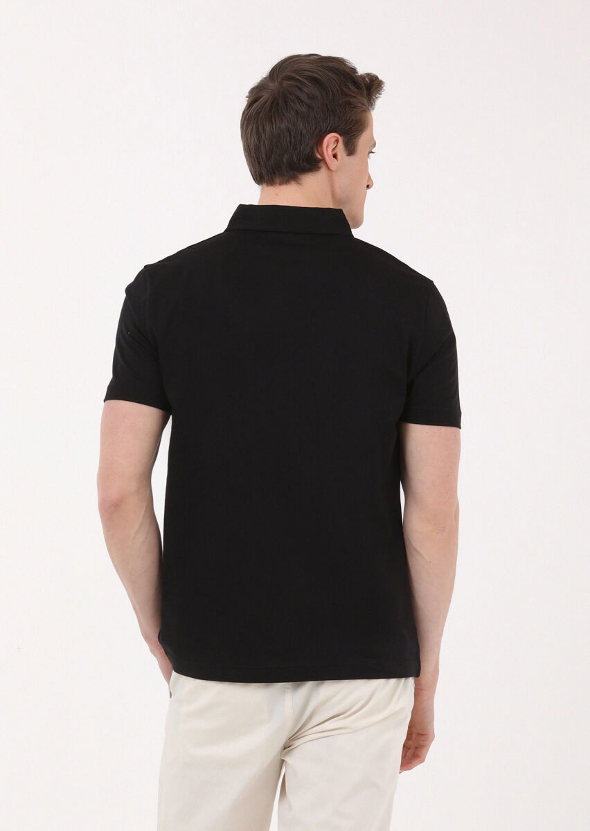 Siyah Düz Polo Yaka %100 Pamuk T-Shirt - 4