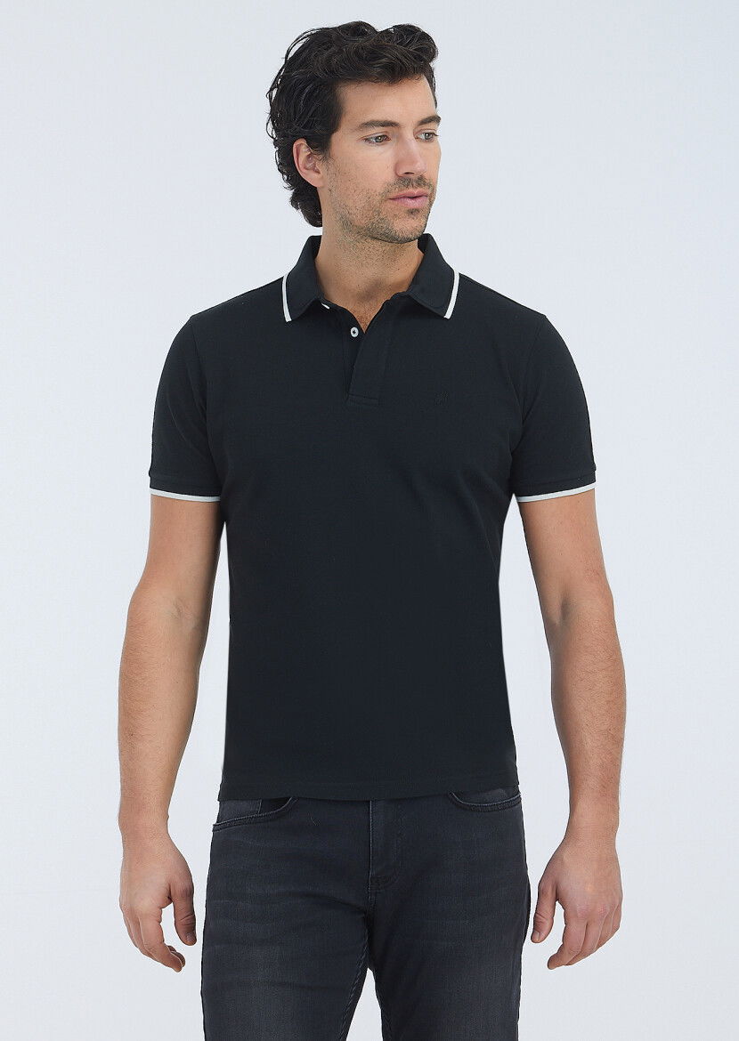 Siyah Düz Polo Yaka %100 Pamuk T-Shirt 