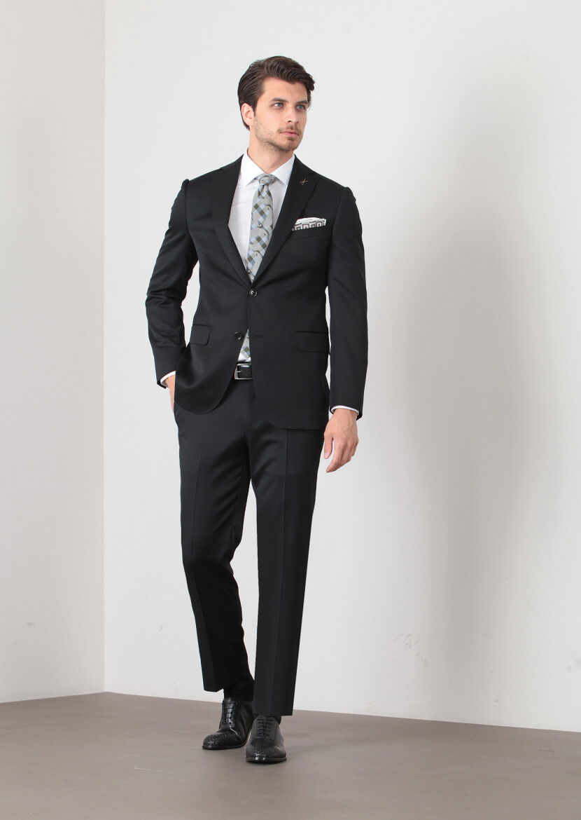 Siyah Düz Regular Fit %100 Yün Takım Elbise - 1