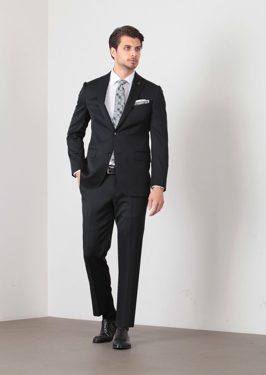 Siyah Düz Regular Fit %100 Yün Takım Elbise - 1