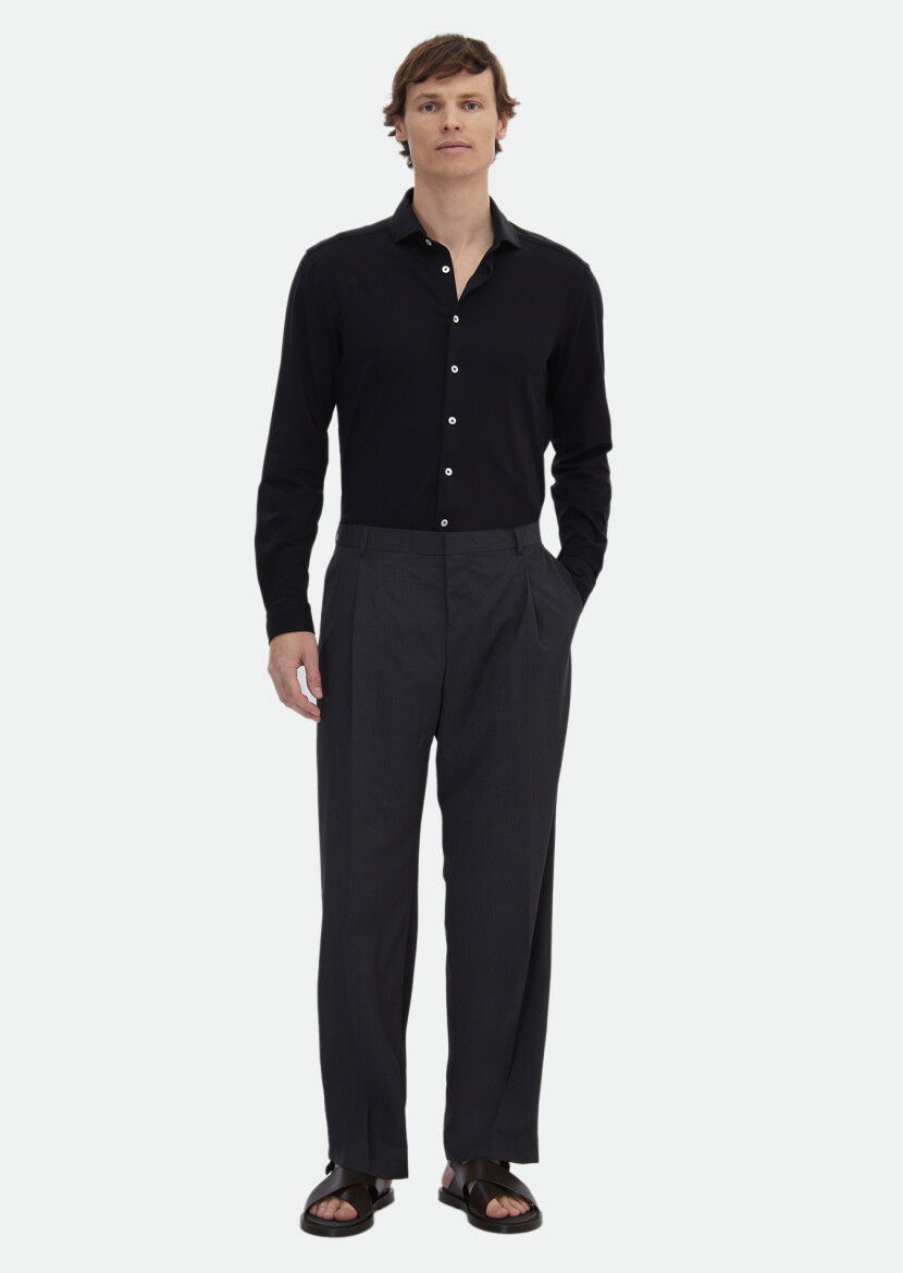 Siyah Düz Regular Fit Casual Pamuk Karışımlı Gömlek 