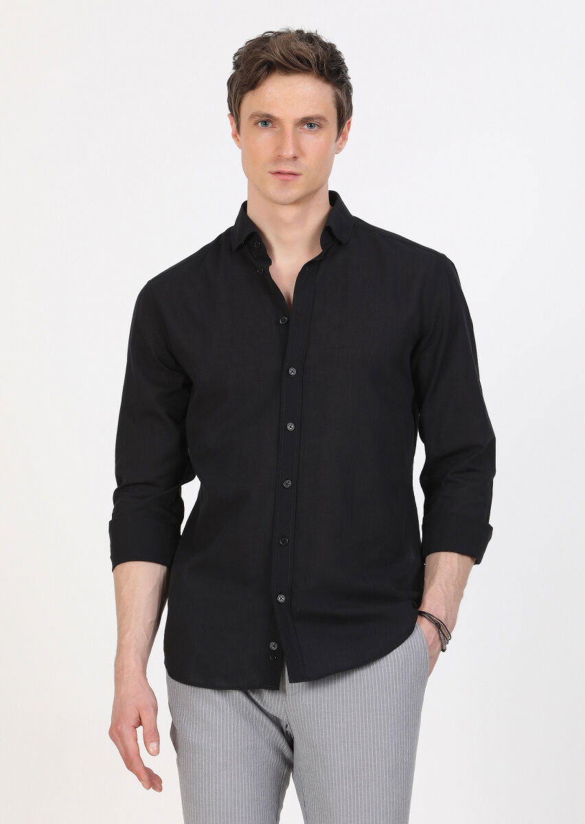 Siyah Düz Regular Fit Dokuma Casual %100 Pamuk Gömlek - 1