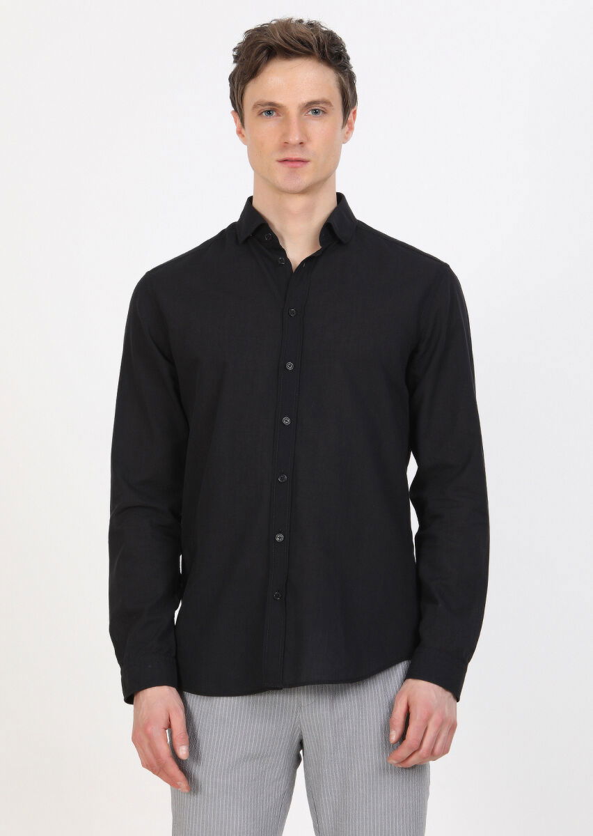 Siyah Düz Regular Fit Dokuma Casual %100 Pamuk Gömlek - 2