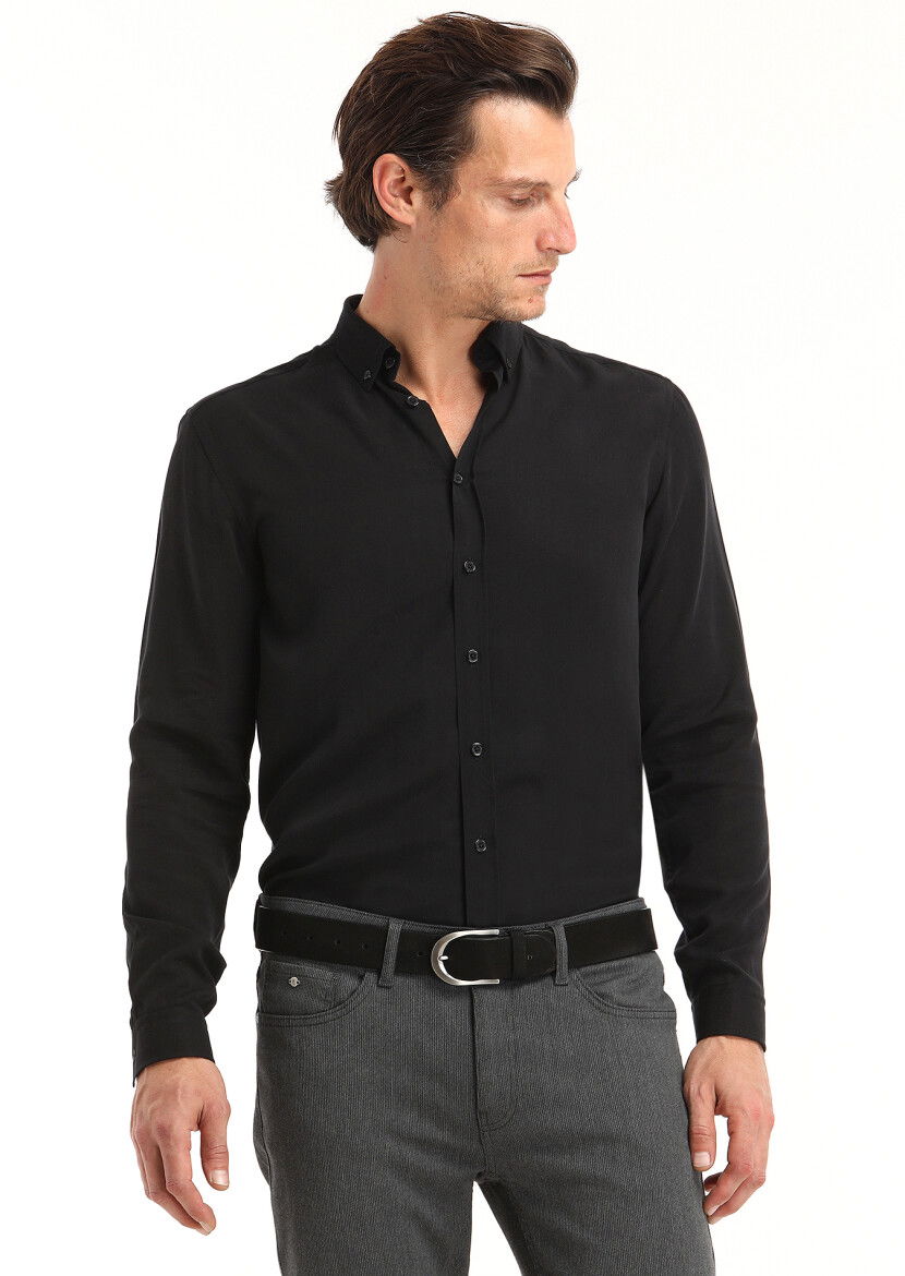 Siyah Düz Regular Fit Dokuma Casual Gömlek - 2