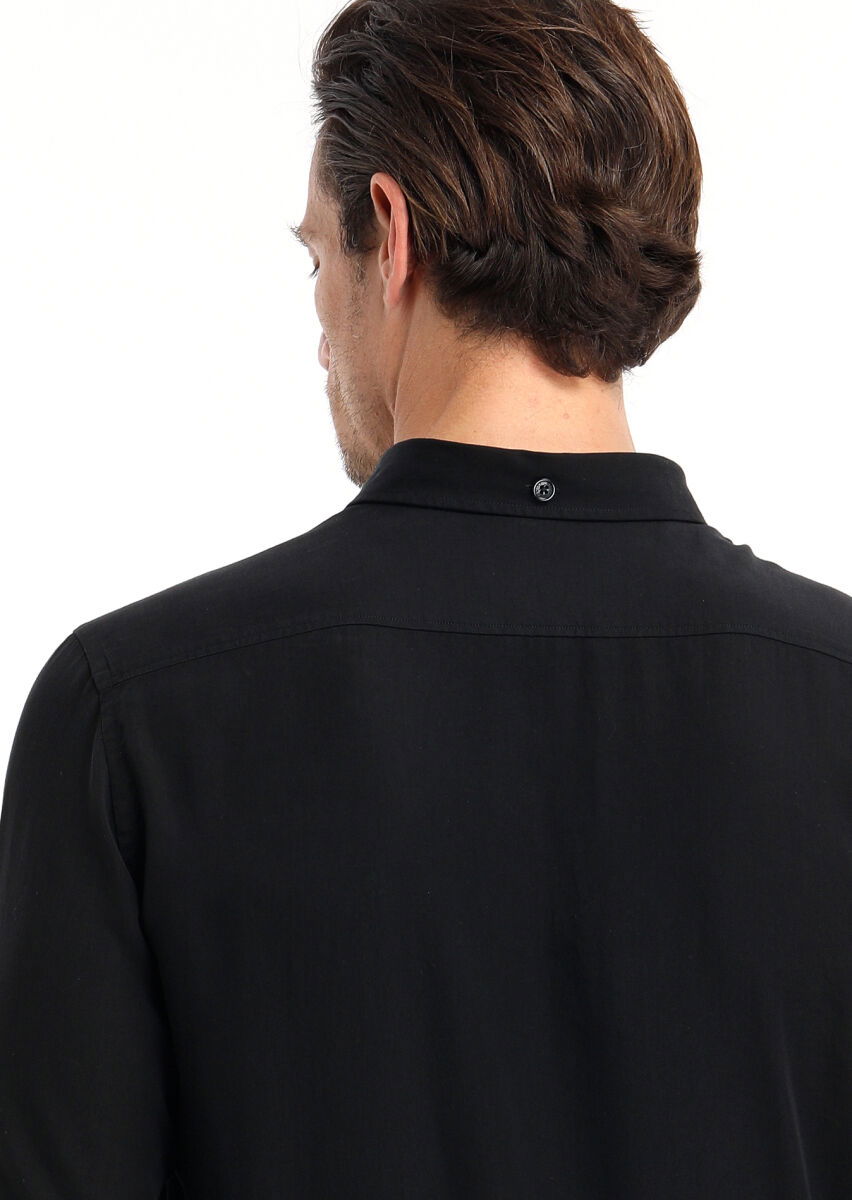 Siyah Düz Regular Fit Dokuma Casual Gömlek - 5