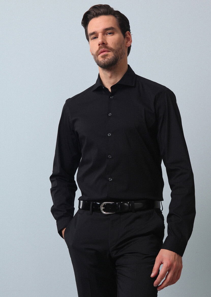 Siyah Düz Regular Fit Dokuma Casual Pamuk Karışımlı Gömlek - 3