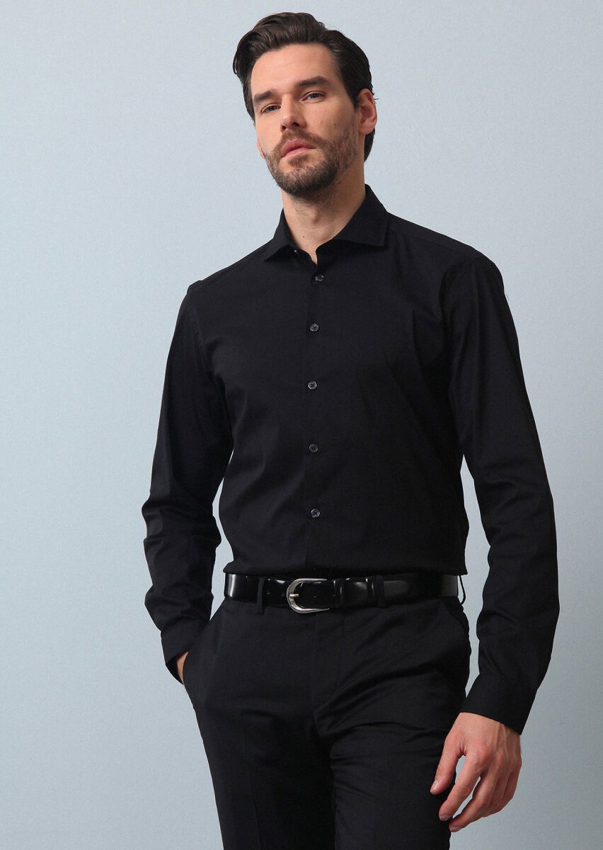 Siyah Düz Regular Fit Dokuma Casual Pamuk Karışımlı Gömlek - 3