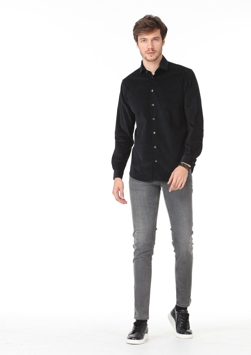 Siyah Düz Regular Fit Dokuma Kadife Casual Pamuk Karışımlı Gömlek - 3