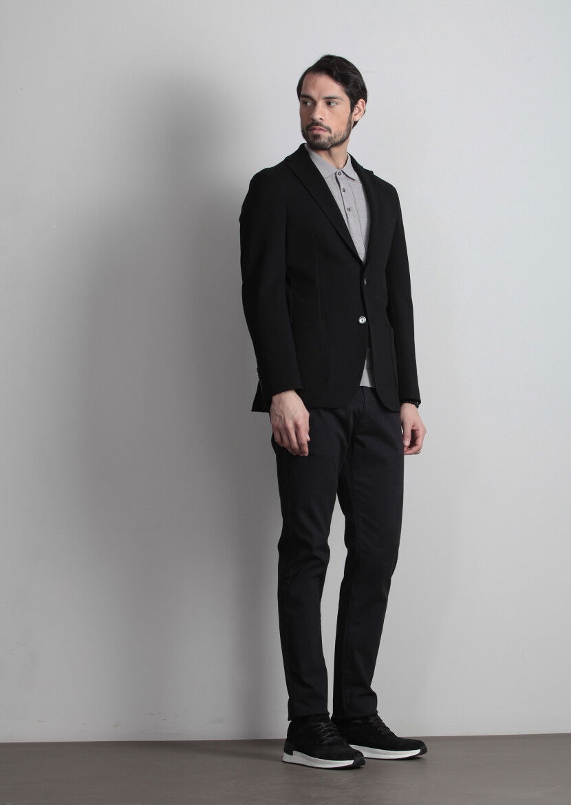 Siyah Düz Shirt Shoulder Slim Fit Örme Ceket - 3