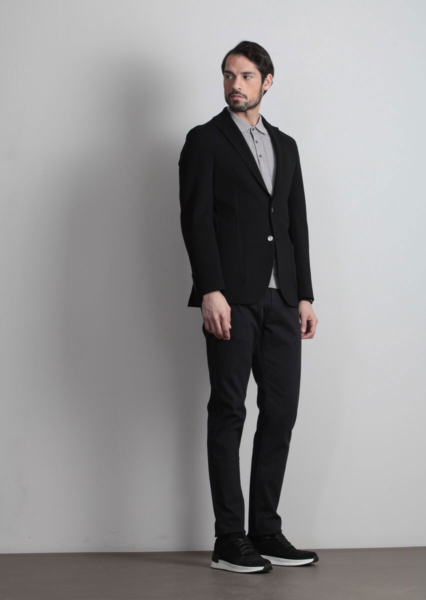 Siyah Düz Shirt Shoulder Slim Fit Örme Ceket - 3