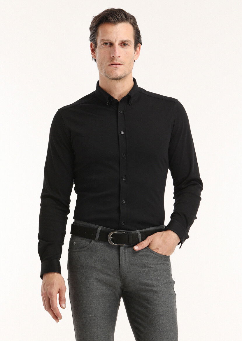 Siyah Düz Slim Fit Casual %100 Pamuk Gömlek - 2