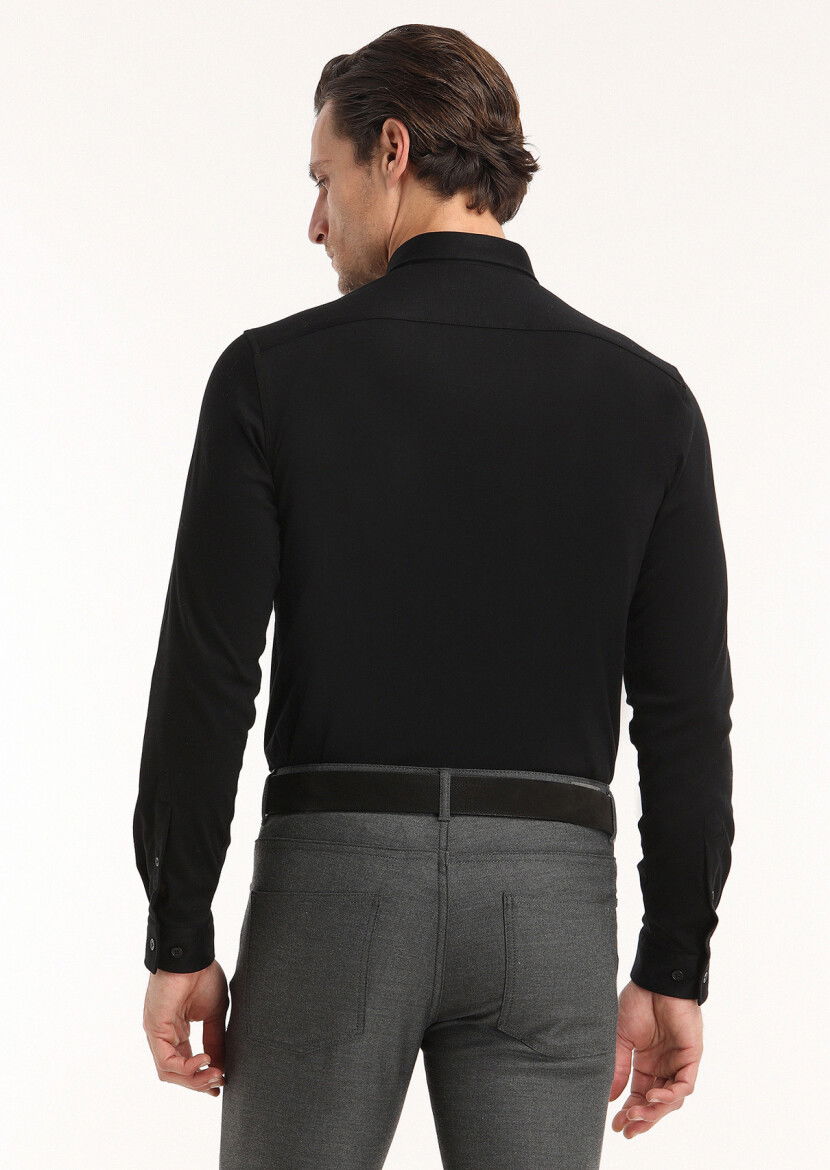 Siyah Düz Slim Fit Casual %100 Pamuk Gömlek - 5