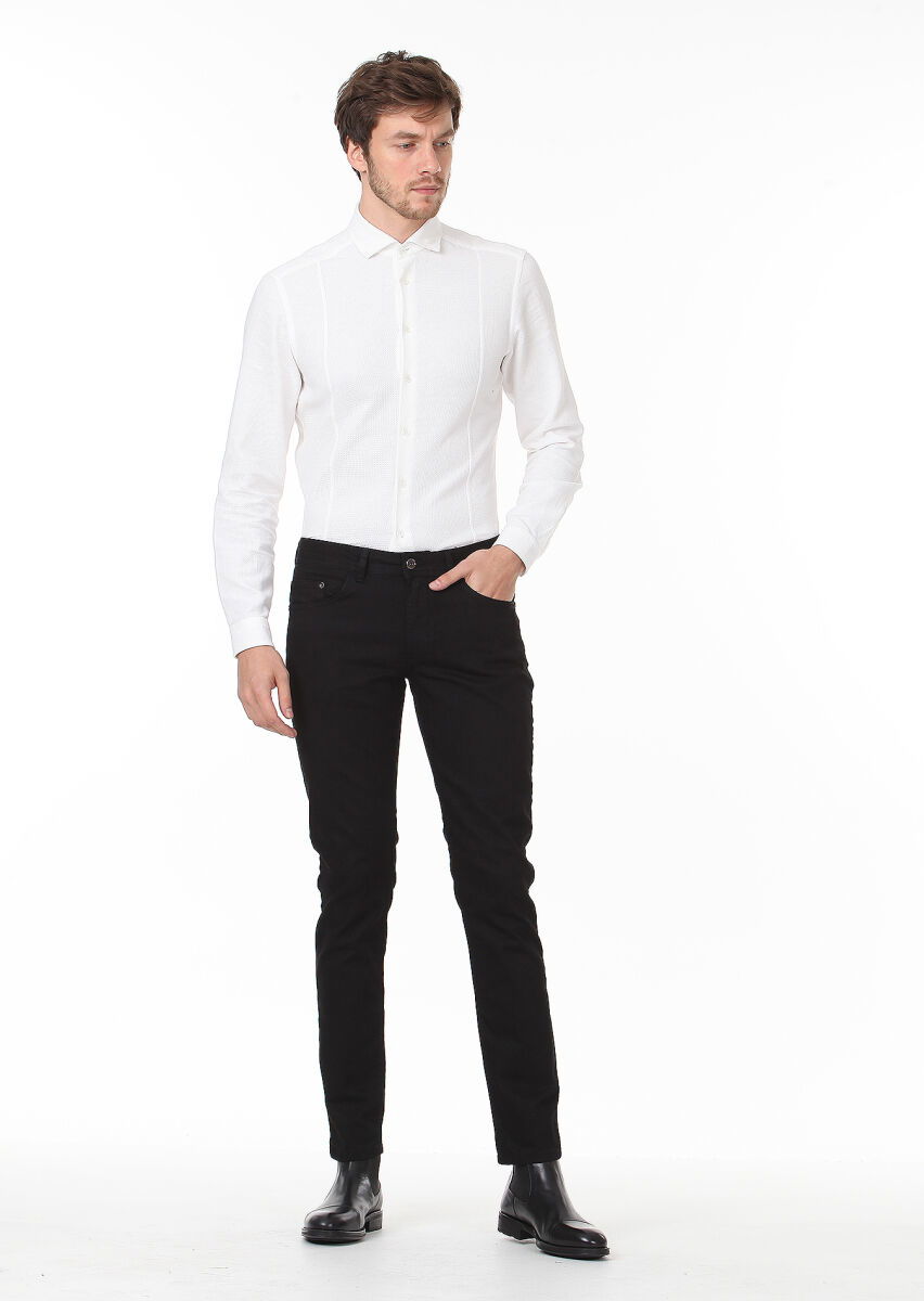 Siyah Düz Slim Fit Denim Pamuk Karışımlı Pantolon - 1