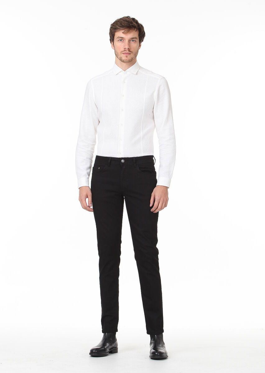 Siyah Düz Slim Fit Denim Pamuk Karışımlı Pantolon - 2