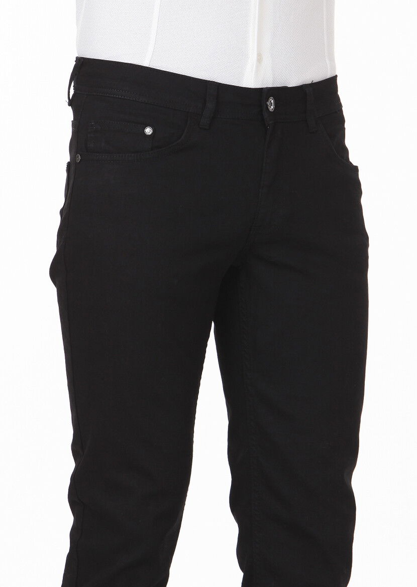 Siyah Düz Slim Fit Denim Pamuk Karışımlı Pantolon - 3