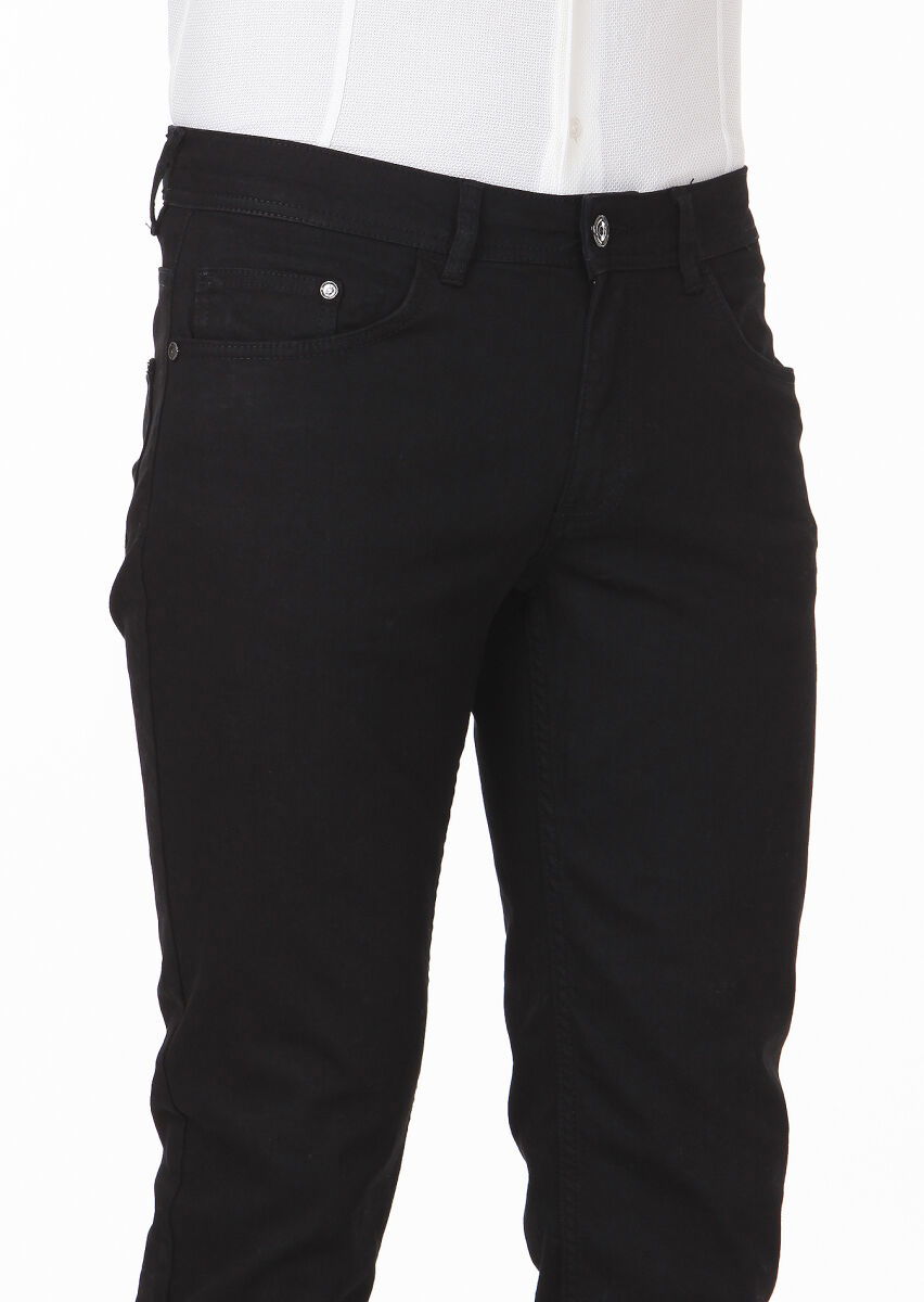 Siyah Düz Slim Fit Denim Pamuk Karışımlı Pantolon - 3