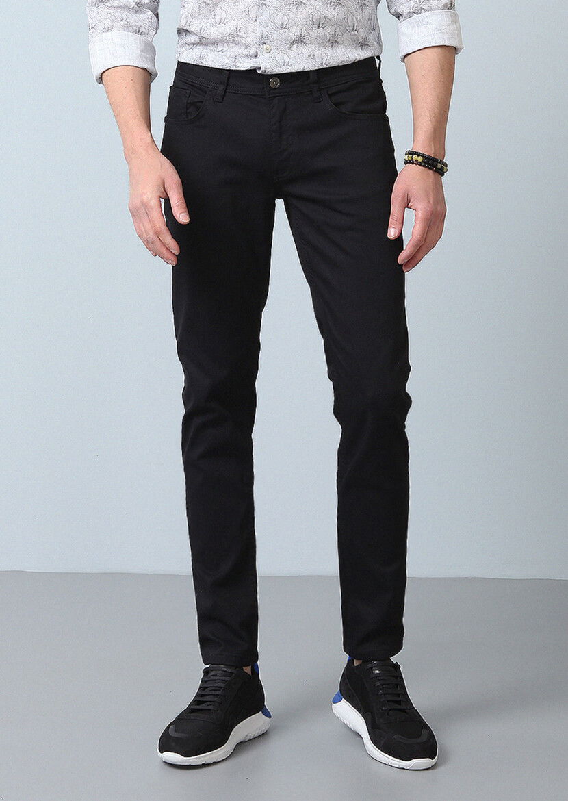 Siyah Düz Slim Fit Denim Pamuk Karışımlı Pantolon - 3