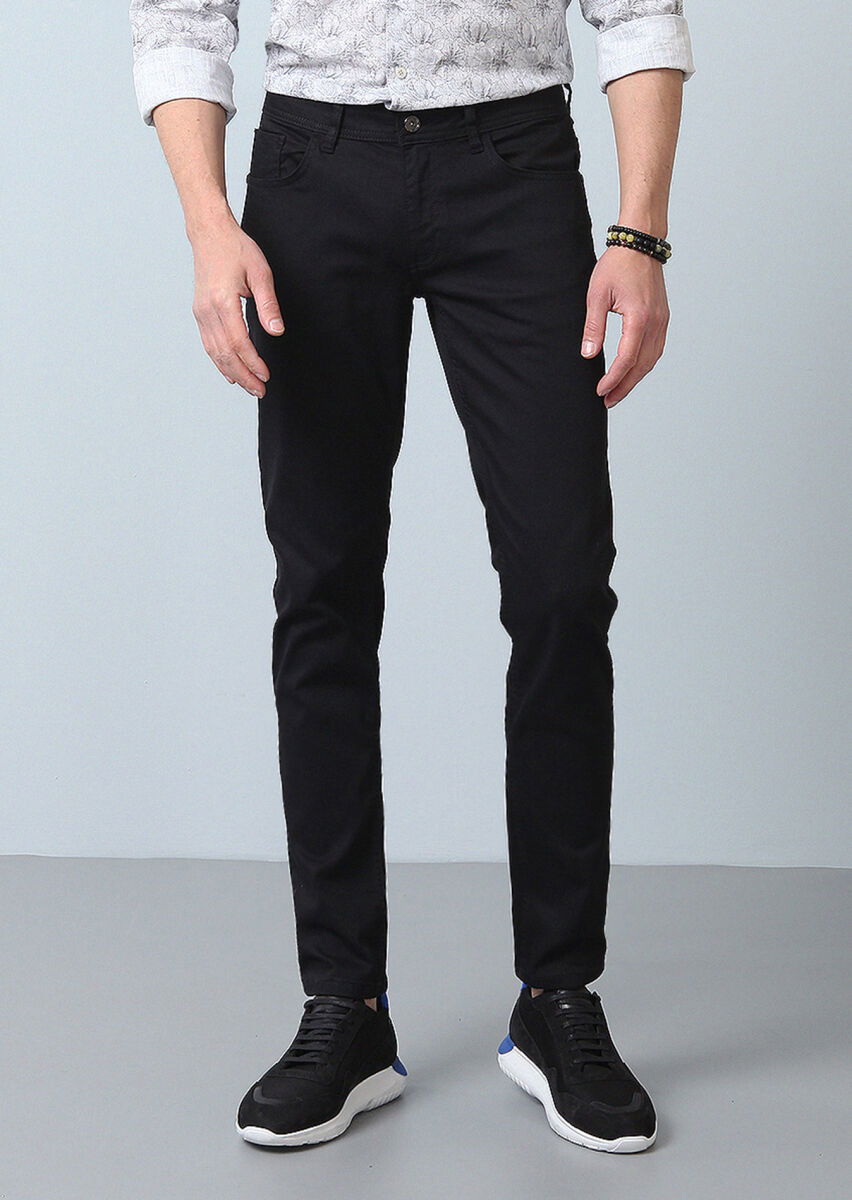 Siyah Düz Slim Fit Denim Pamuk Karışımlı Pantolon - 3
