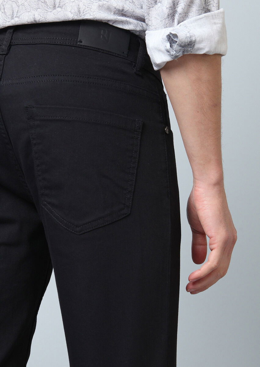 Siyah Düz Slim Fit Denim Pamuk Karışımlı Pantolon - 4