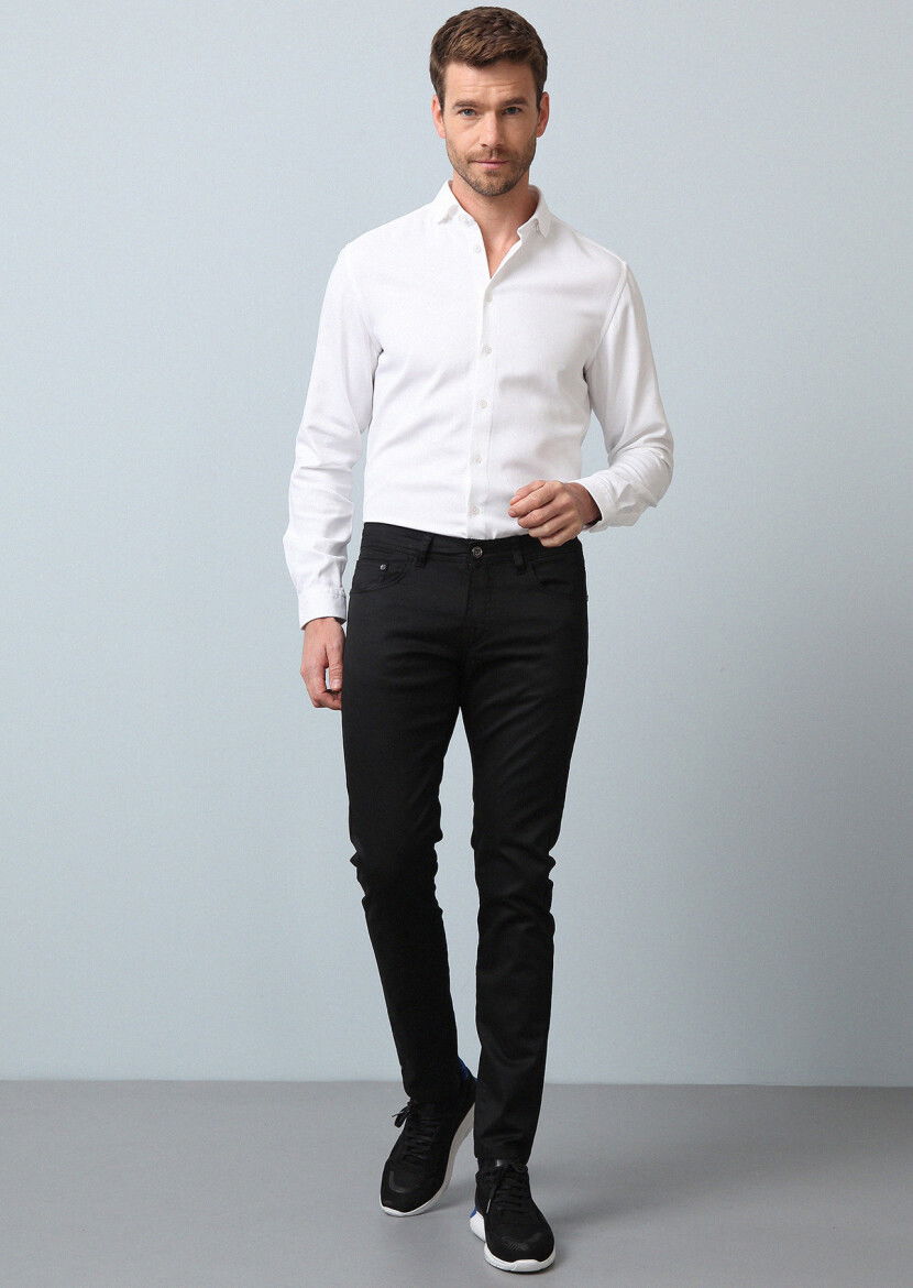 Siyah Düz Slim Fit Denim Pamuk Karışımlı Pantolon 