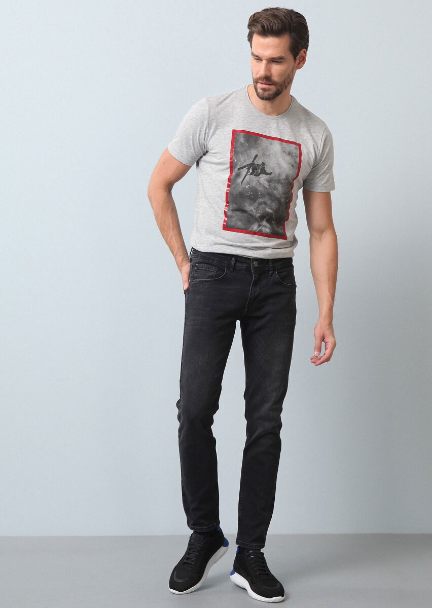 Siyah Düz Slim Fit Denim Pamuk Karışımlı Pantolon - 1