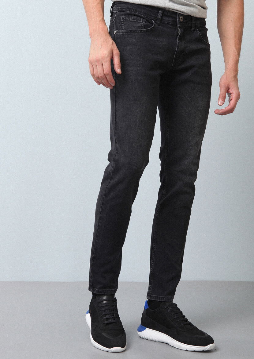 Siyah Düz Slim Fit Denim Pamuk Karışımlı Pantolon - 2