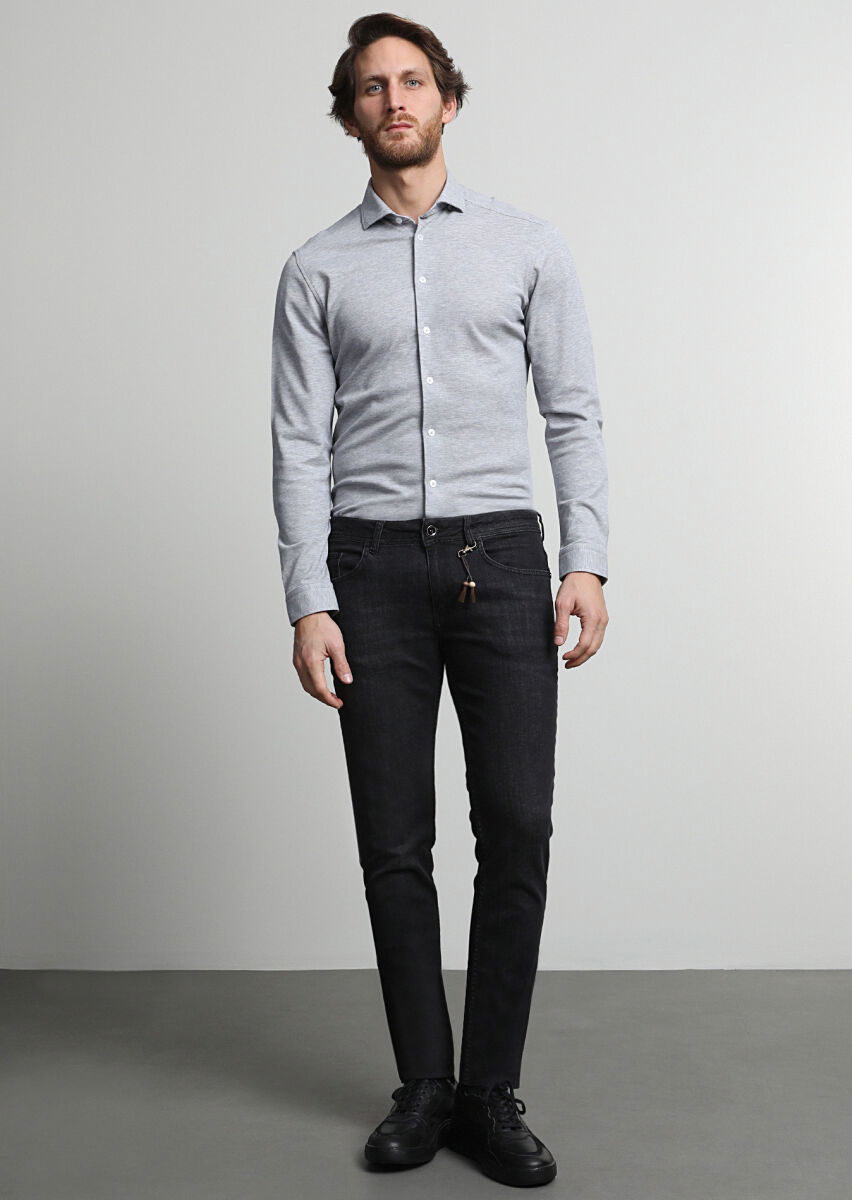 Siyah Düz Slim Fit Denim Pamuk Karışımlı Pantolon - 1