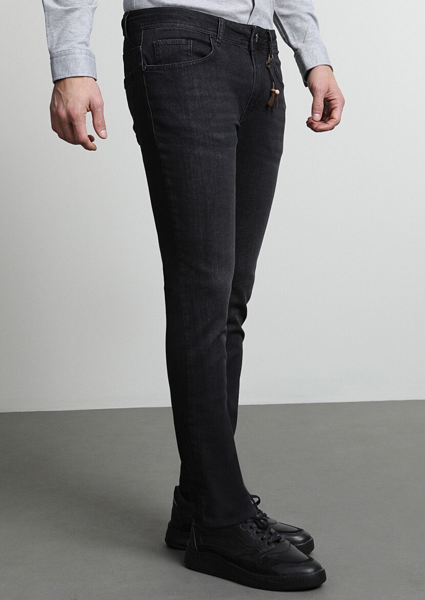 Siyah Düz Slim Fit Denim Pamuk Karışımlı Pantolon - 2