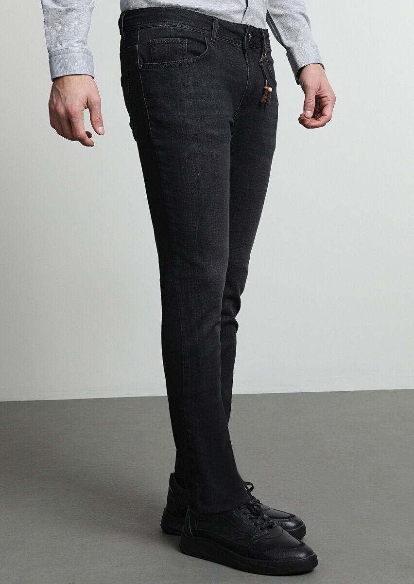 Siyah Düz Slim Fit Denim Pamuk Karışımlı Pantolon - 2