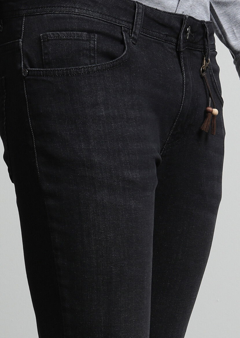 Siyah Düz Slim Fit Denim Pamuk Karışımlı Pantolon - 3