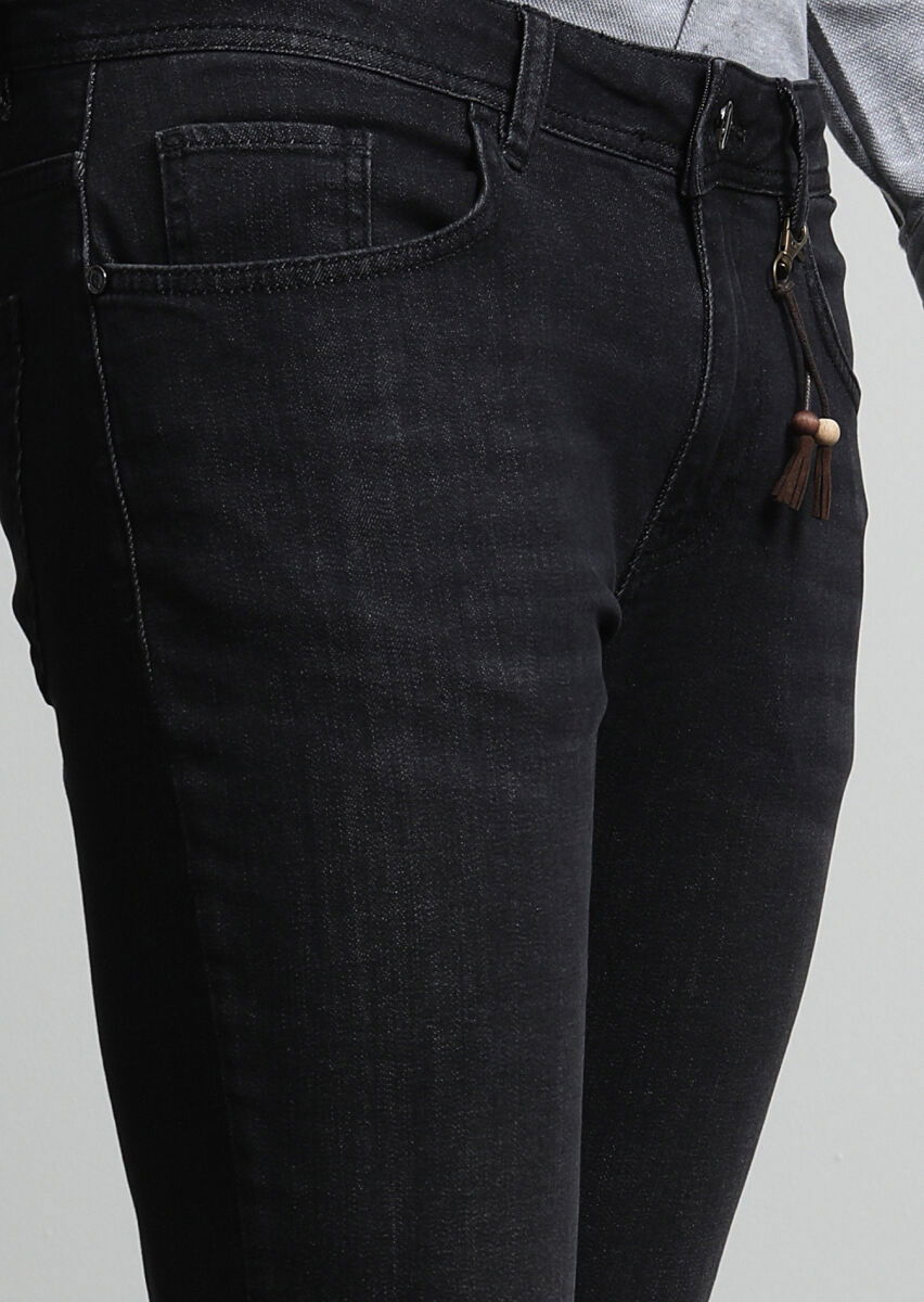 Siyah Düz Slim Fit Denim Pamuk Karışımlı Pantolon - 3