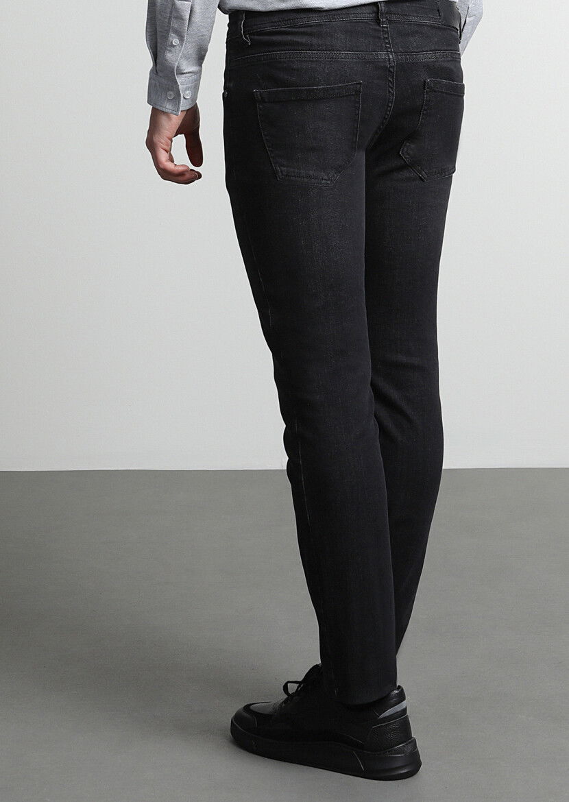 Siyah Düz Slim Fit Denim Pamuk Karışımlı Pantolon - 4