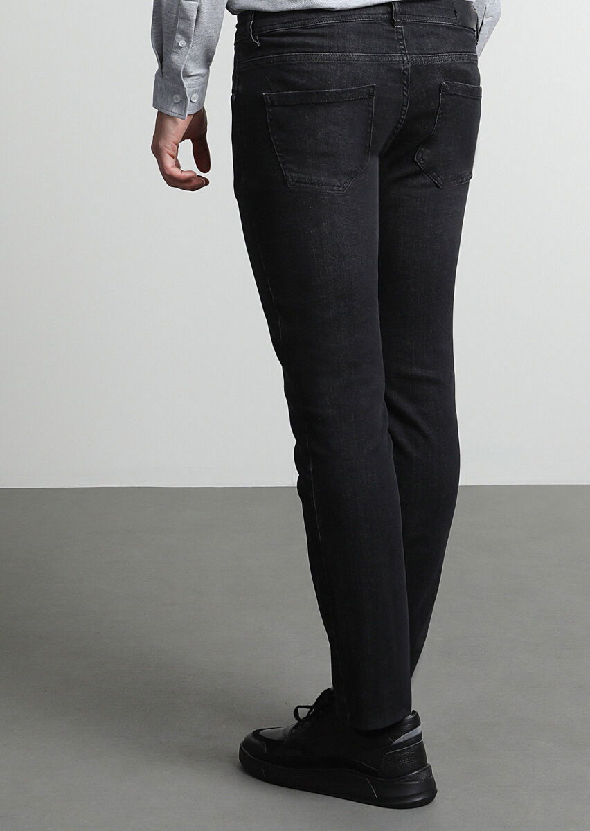 Siyah Düz Slim Fit Denim Pamuk Karışımlı Pantolon - 4