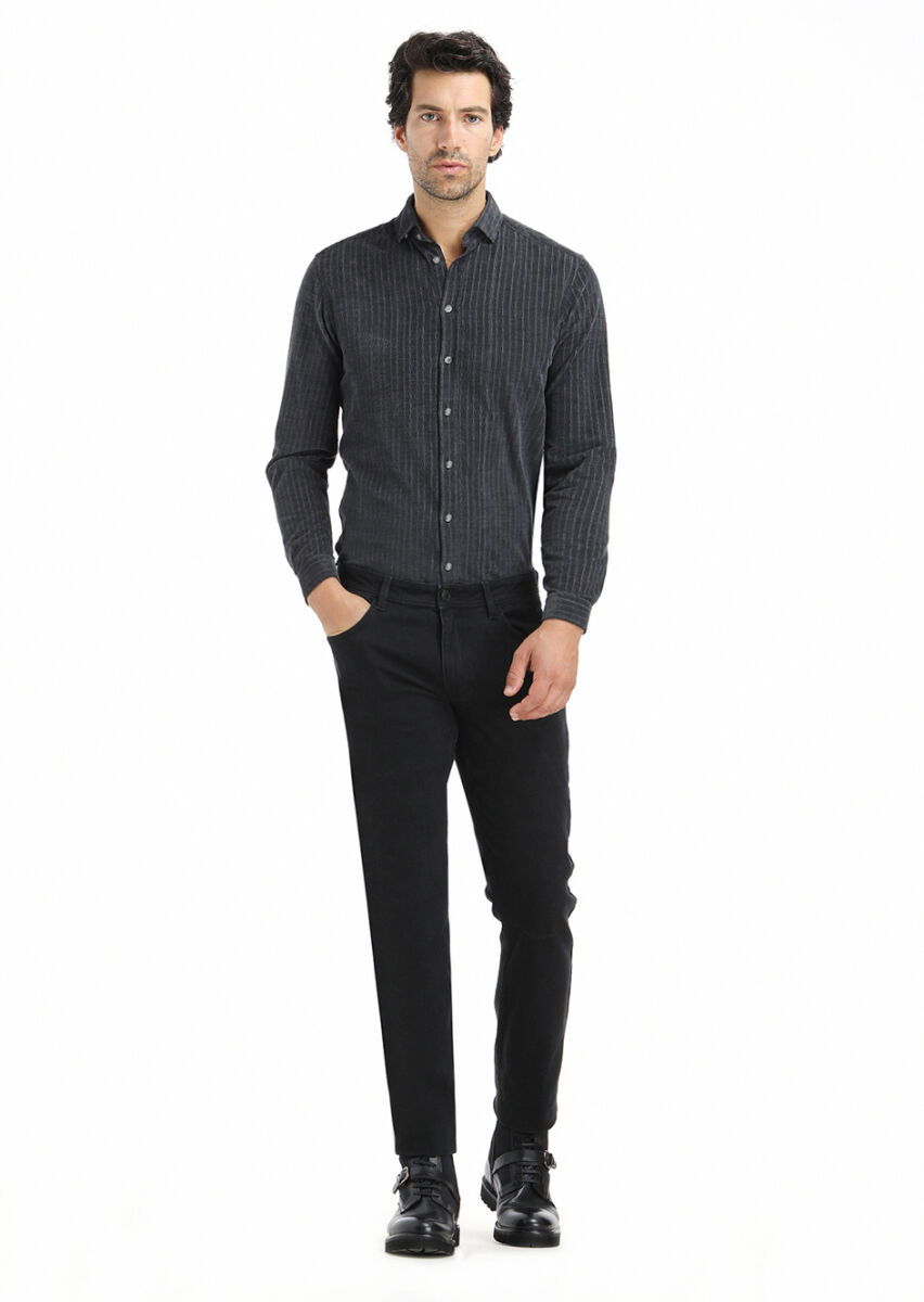 Siyah Düz Slim Fit Denim Pamuk Karışımlı Pantolon - 1