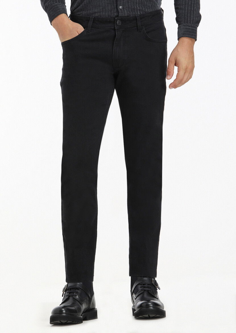 Siyah Düz Slim Fit Denim Pamuk Karışımlı Pantolon - 2