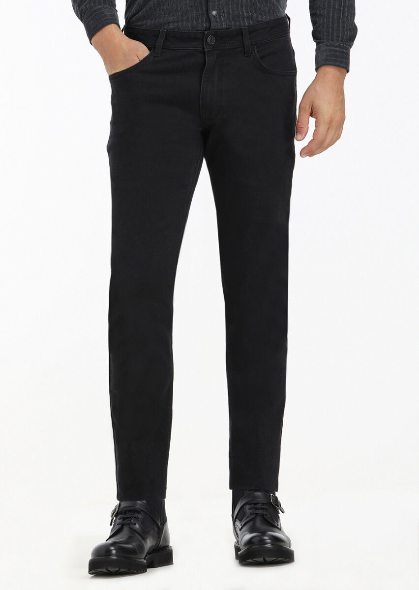 Siyah Düz Slim Fit Denim Pamuk Karışımlı Pantolon - 2