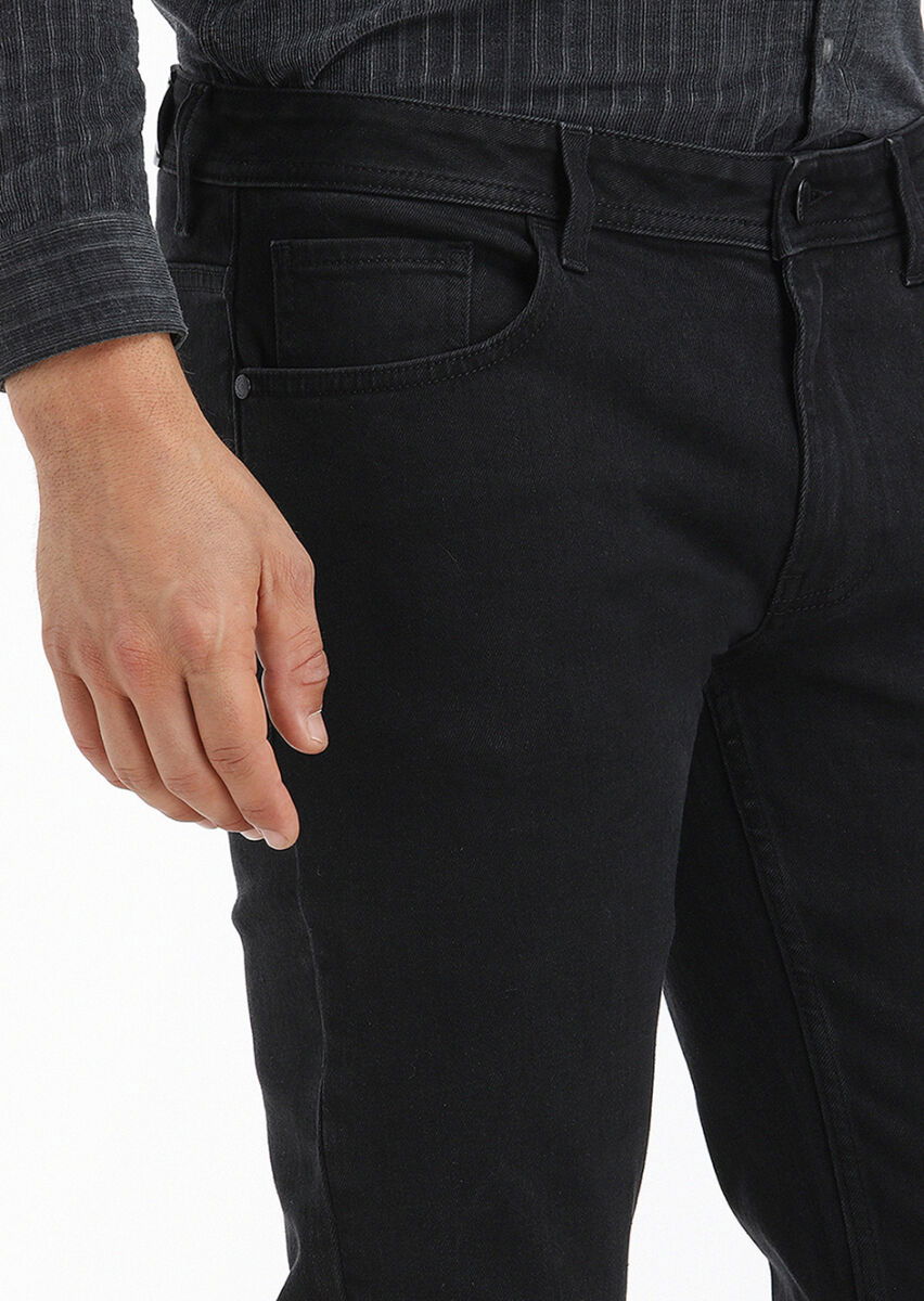 Siyah Düz Slim Fit Denim Pamuk Karışımlı Pantolon - 3