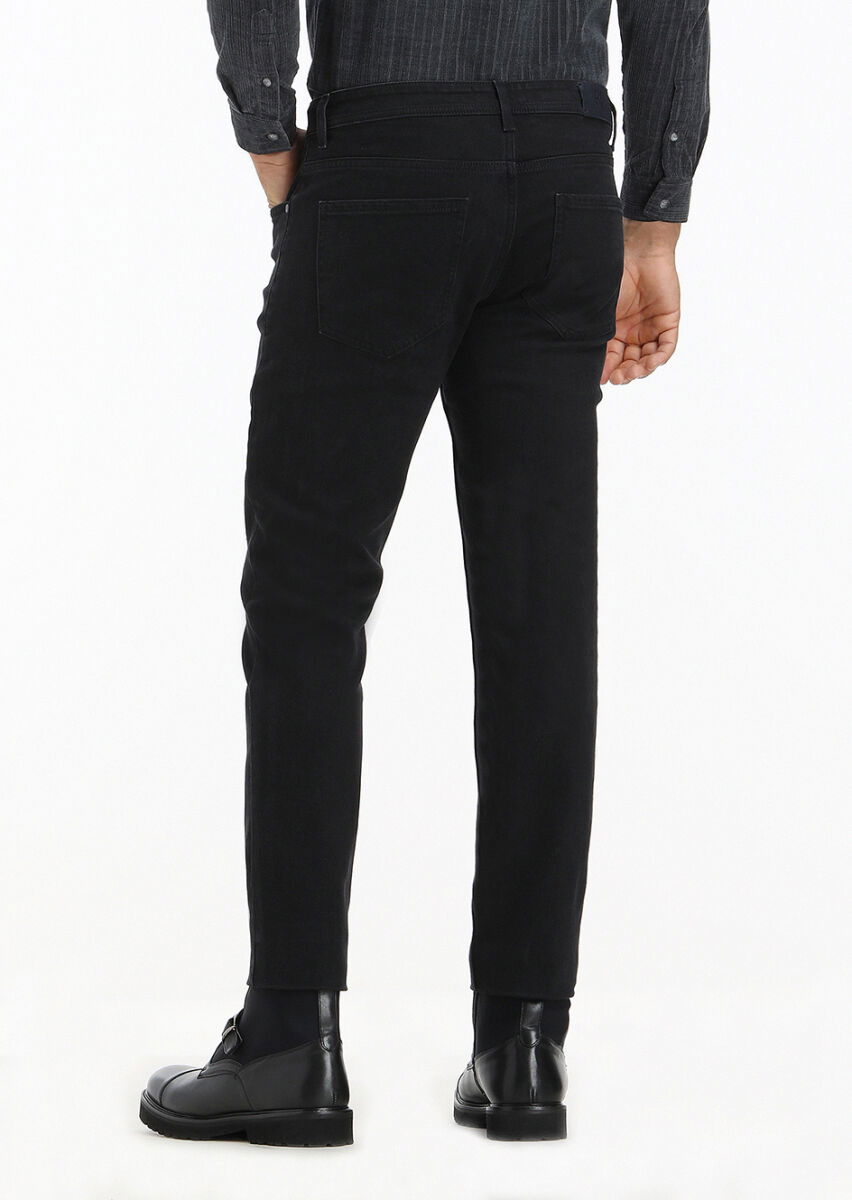 Siyah Düz Slim Fit Denim Pamuk Karışımlı Pantolon - 4