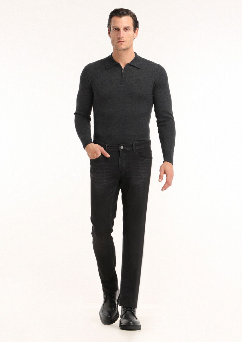 Siyah Düz Slim Fit Denim Pamuk Karışımlı Pantolon - 1