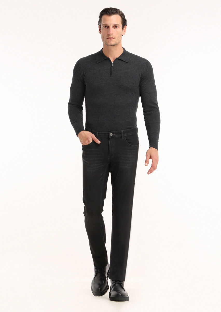 Siyah Düz Slim Fit Denim Pamuk Karışımlı Pantolon - 1