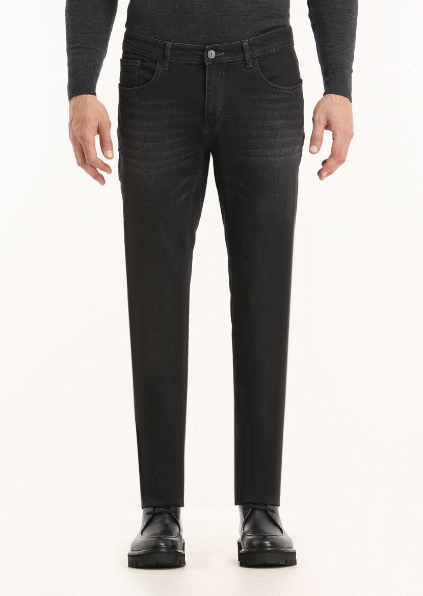 Siyah Düz Slim Fit Denim Pamuk Karışımlı Pantolon - 2
