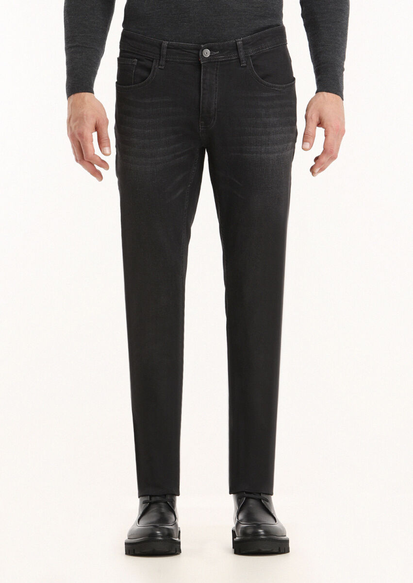 Siyah Düz Slim Fit Denim Pamuk Karışımlı Pantolon - 2