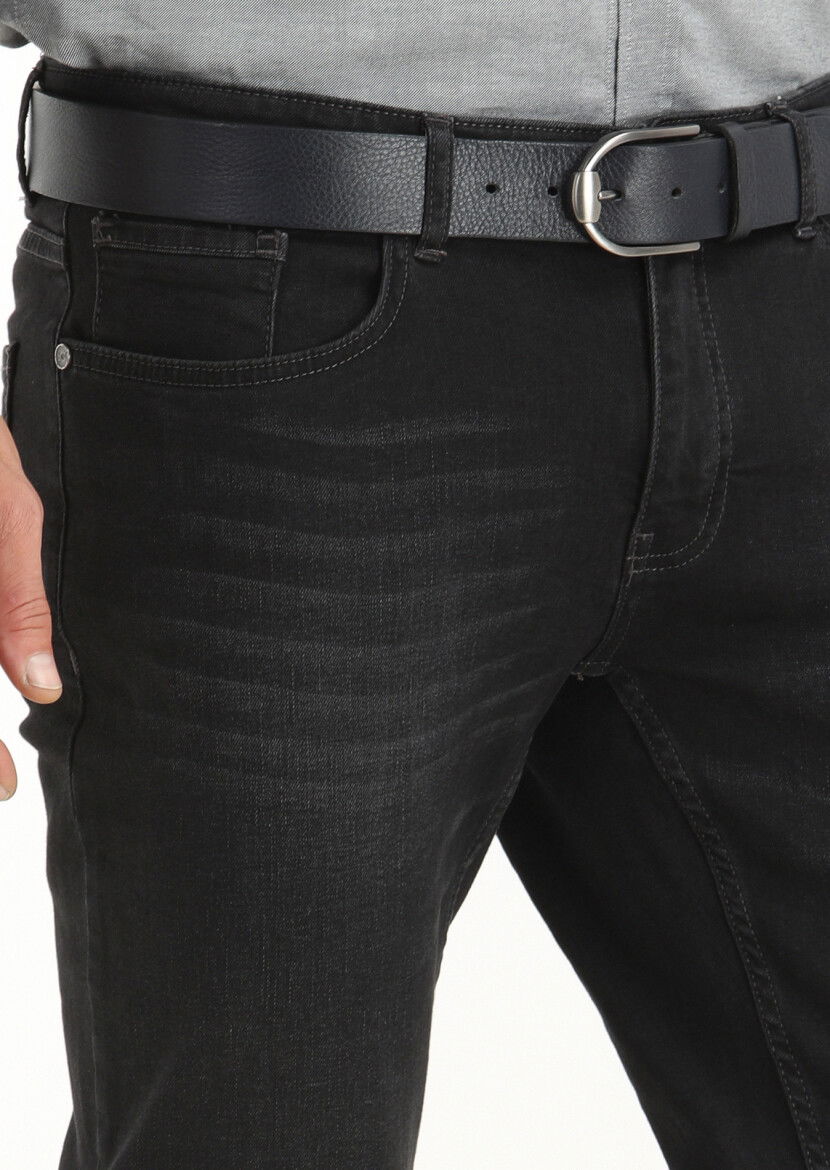 Siyah Düz Slim Fit Denim Pamuk Karışımlı Pantolon - 3