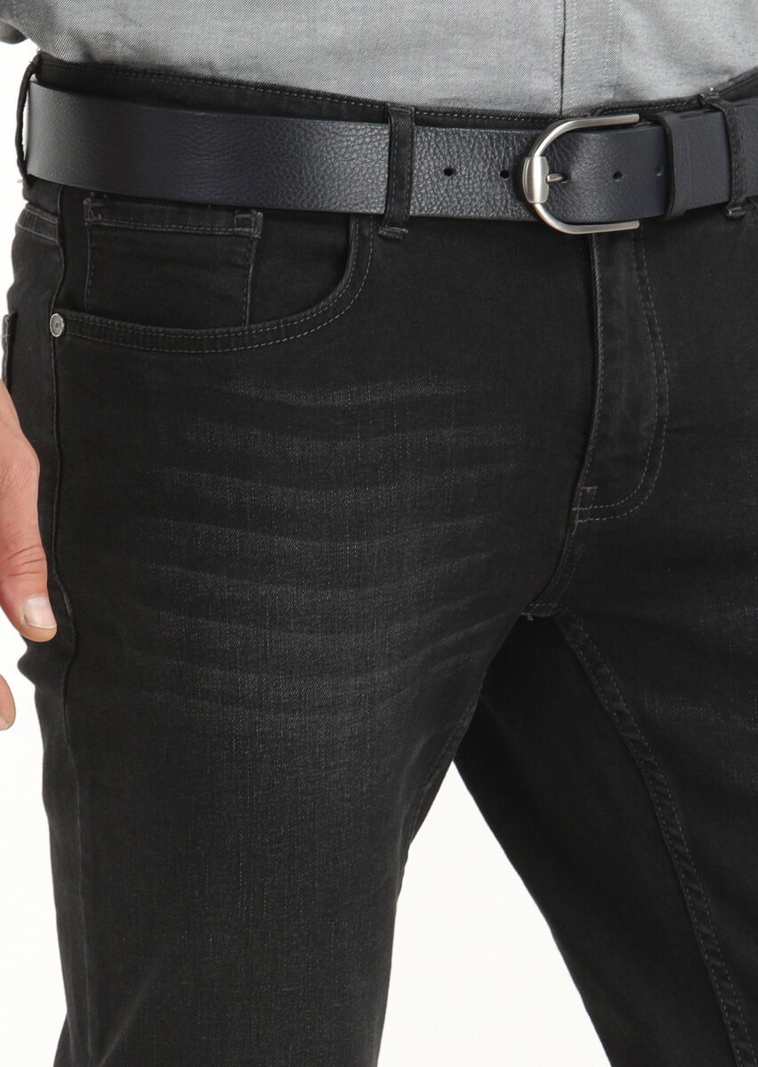 Siyah Düz Slim Fit Denim Pamuk Karışımlı Pantolon - 3