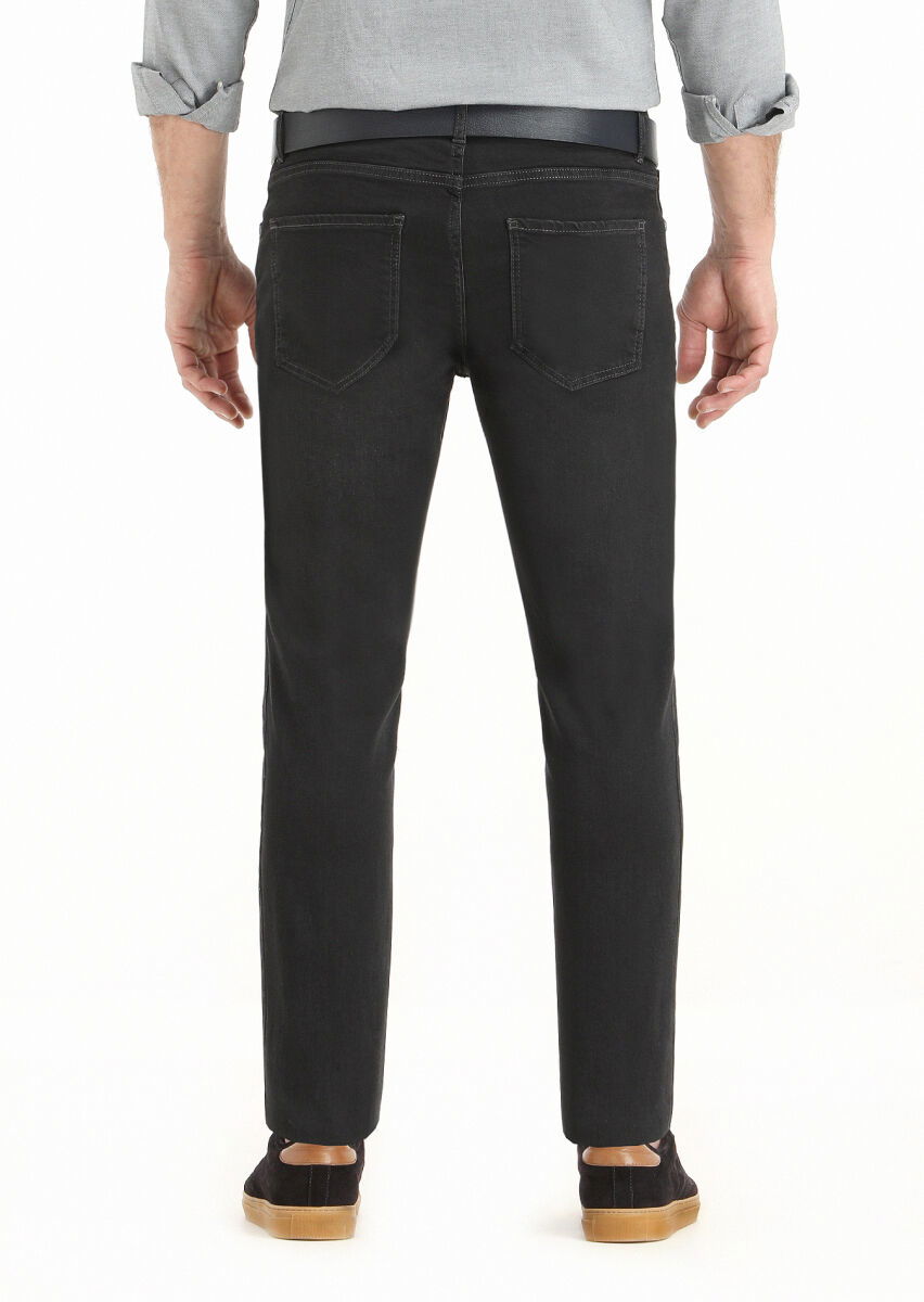 Siyah Düz Slim Fit Denim Pamuk Karışımlı Pantolon - 4