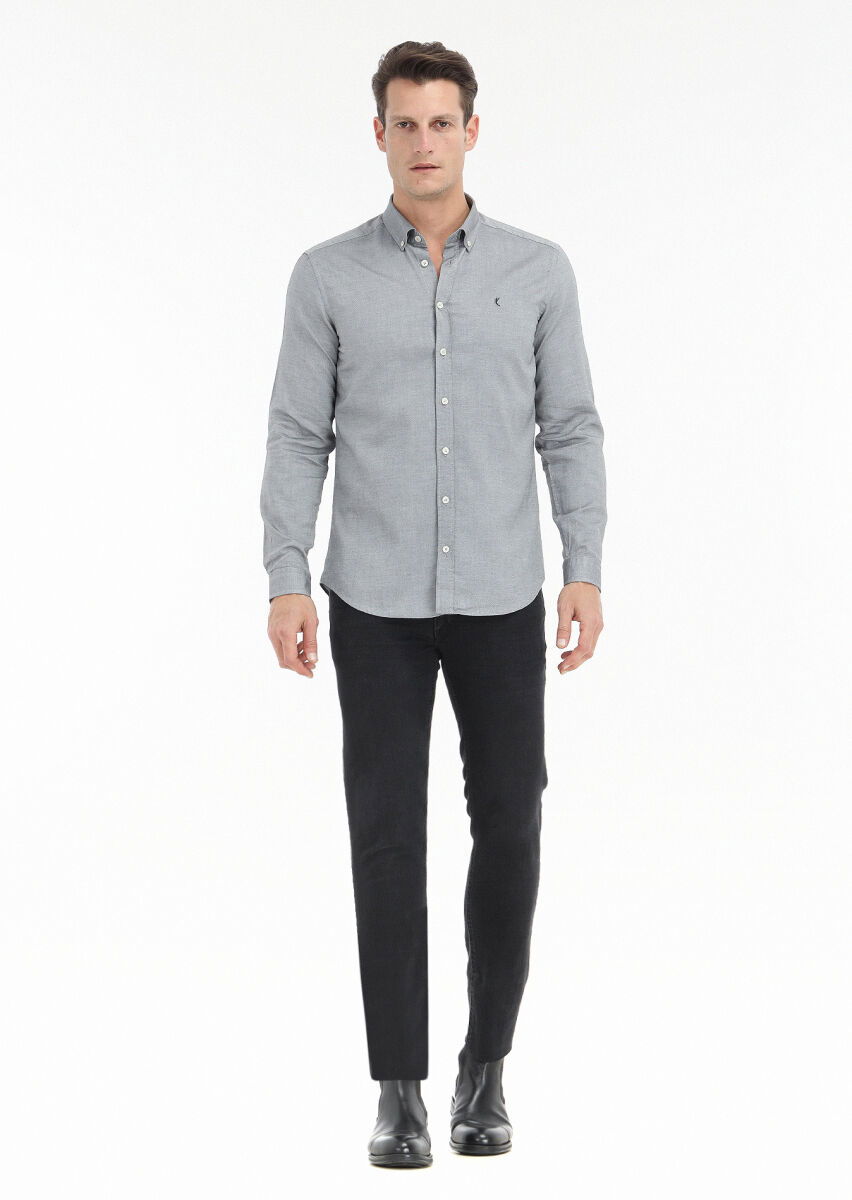 Siyah Düz Slim Fit Dokuma Casual %100 Pamuk Gömlek - 1