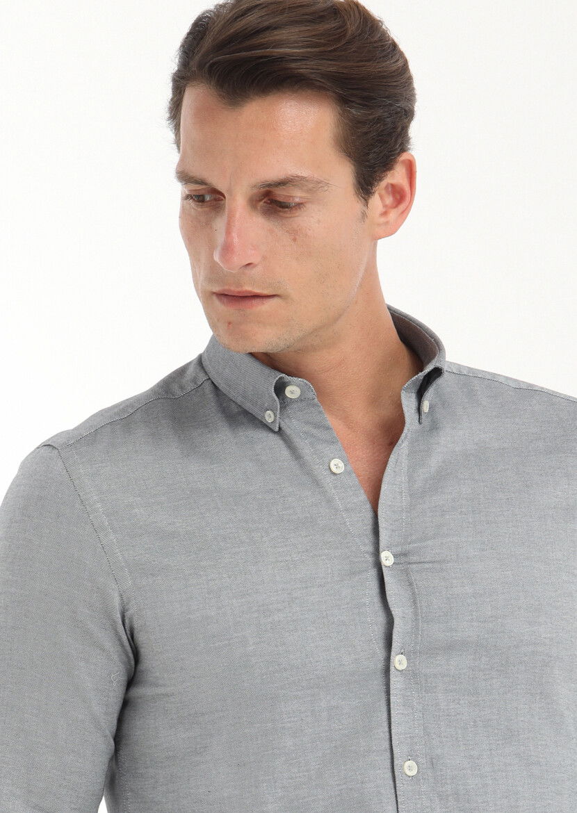 Siyah Düz Slim Fit Dokuma Casual %100 Pamuk Gömlek - 3